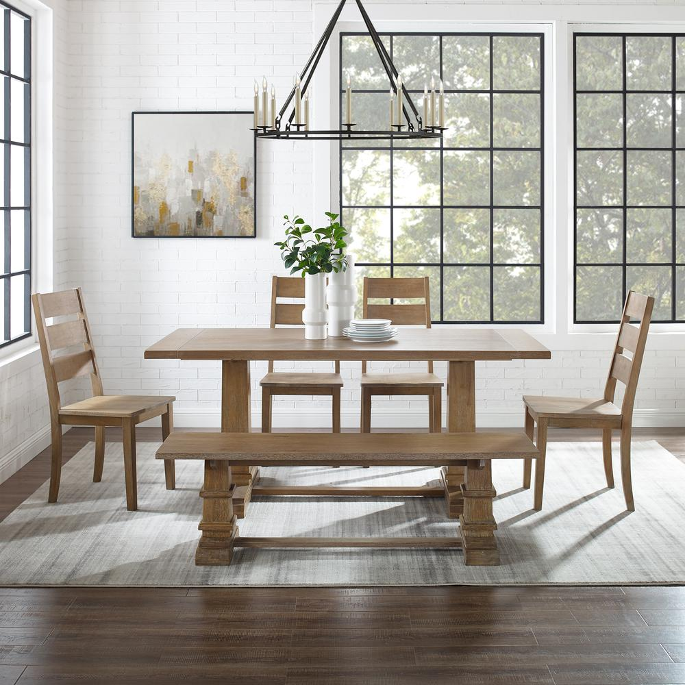 Joanna 6-piece dining table set by Start2Finish with table, bench, and four ladder-back chairs for seven people.