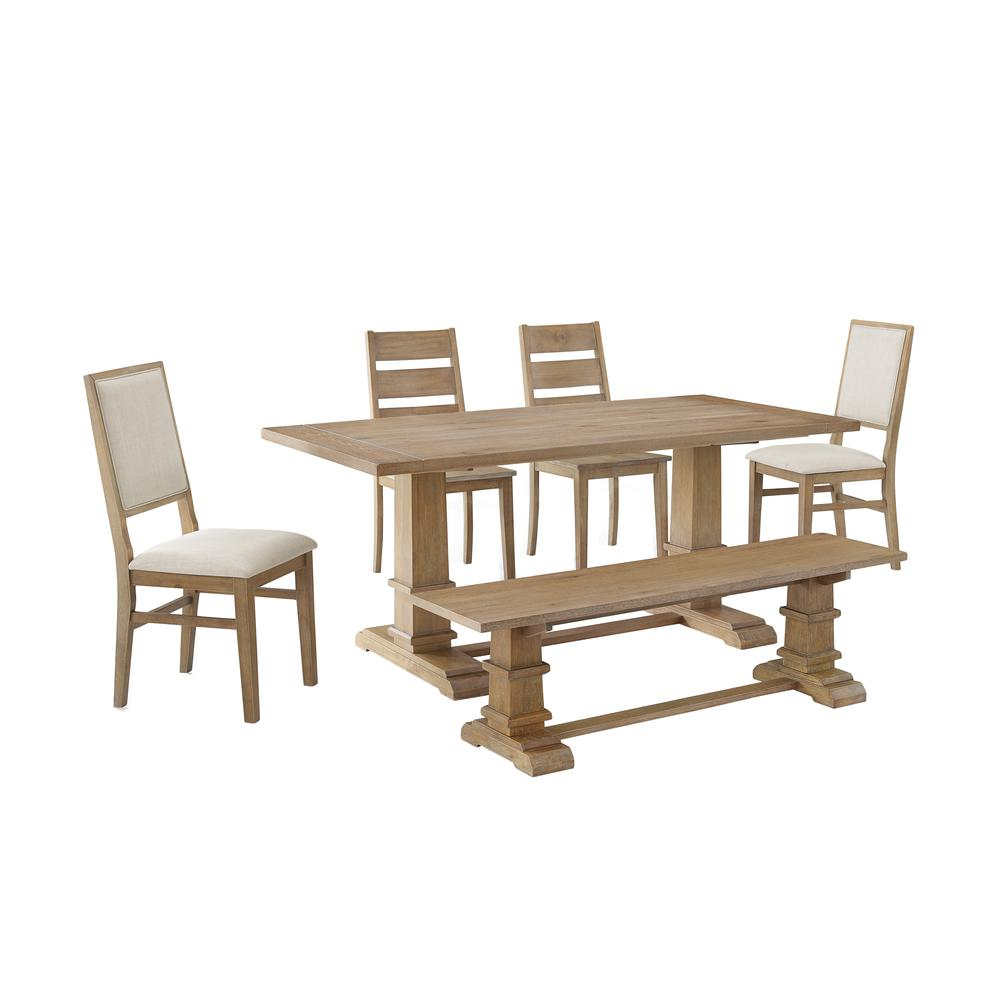 Start2Finish 6-piece dining table set with bench, two ladder-back chairs, and two arm chairs, featuring a spacious wooden table.