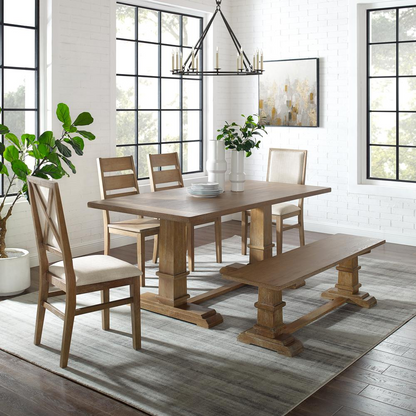 Start2Finish 6-piece dining table set with bench, ladder-back chairs, and armchairs for seven, shown in a modern dining room.