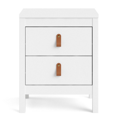 White Madrid 2 Drawer Nightstand by Start2Finish showing smooth surface and two spacious drawers in a bedroom setting.