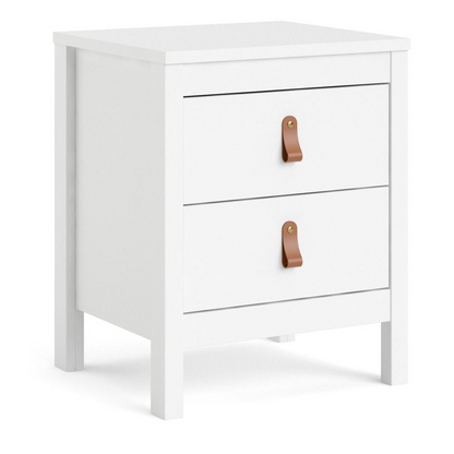 White Madrid 2 Drawer Nightstand by Start2Finish with sleek design and modern handles, featuring two spacious drawers.