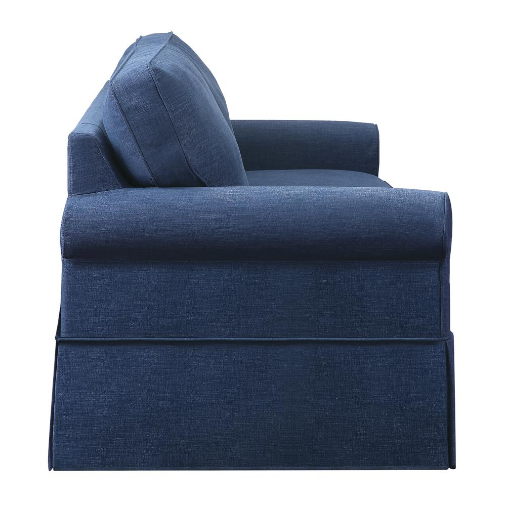 Navy fabric slip cover for sofa by Start2Finish, showing a fitted protective cover over a standard three-seater sofa.