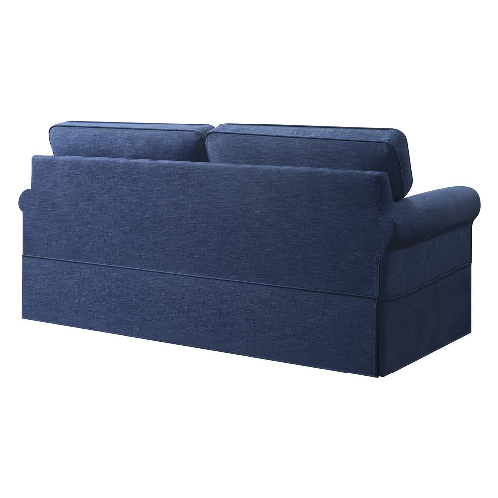 Navy fabric slip cover for sofa by Start2Finish, showing a fitted protective cover on a modern sofa.