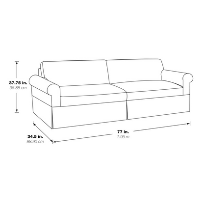 Navy fabric slip cover for sofa by Start2Finish, showing fitted, smooth fabric draped over a standard-sized sofa.