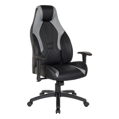 Start2Finish Commander gaming chair in black faux leather with grey accents, ergonomic design, adjustable armrests, and high back support.