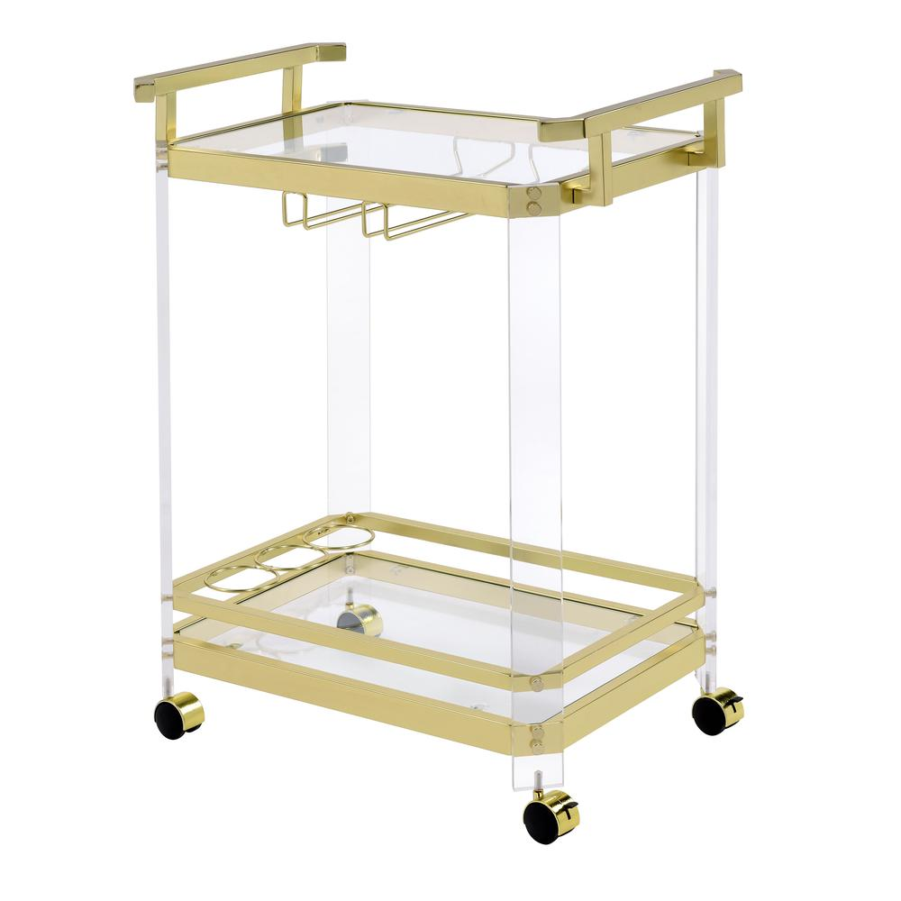 Aerin Server Cart with casters, black metal frame and wooden shelves, designed for easy serving and storage.