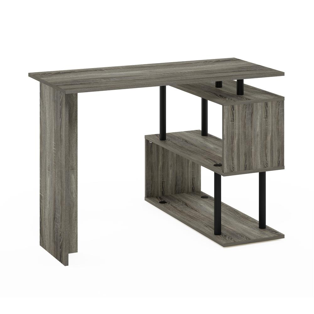 Furinno Moore L-shape computer desk with 3-tier shelves in French Oak and black, featuring a spacious workspace and storage.