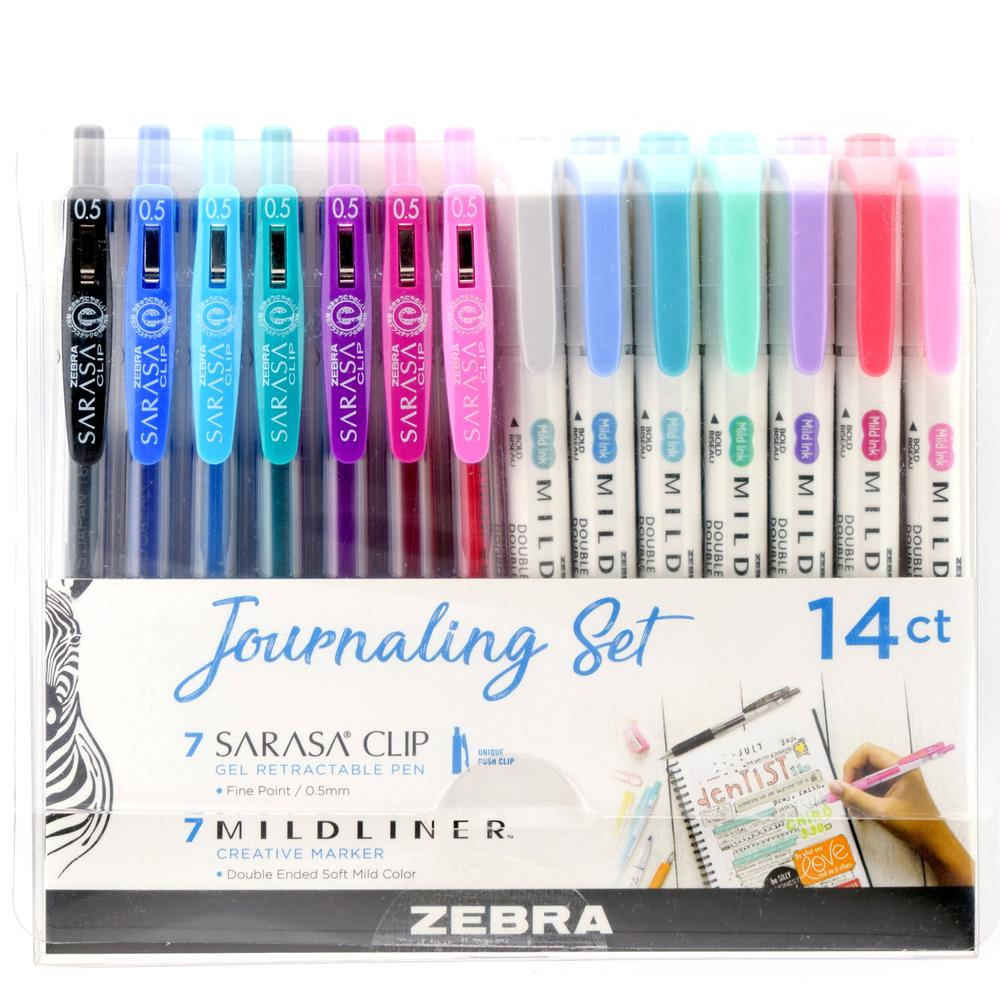 Start2Finish Zebra journaling set with Mildliner highlighters and Sarasa Clip gel pens featuring 1mm bullet and chisel tips.