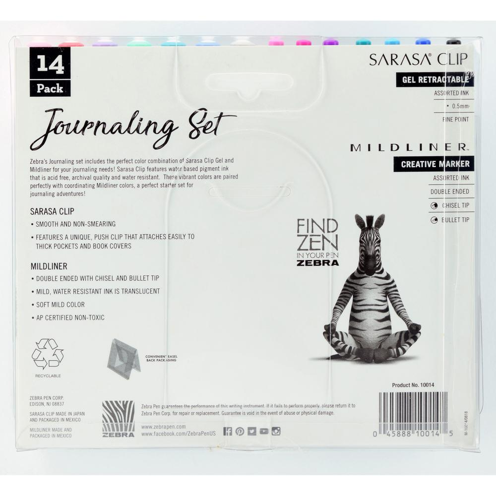 Start2Finish Zebra Journaling Set with mildliner highlighters and Sarasa Clip gel pens, featuring 1mm bullet and chisel tips in a 14-pack.