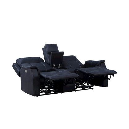 Start2Finish Valencia dual power reclining console loveseat in ocean fabric, showing plush seating and built-in center console.