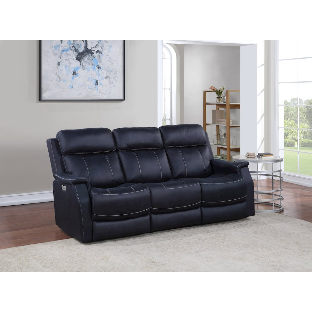 Start2Finish Valencia Dual Power Reclining Console Loveseat in Ocean, featuring plush cushions and built-in console for comfort.