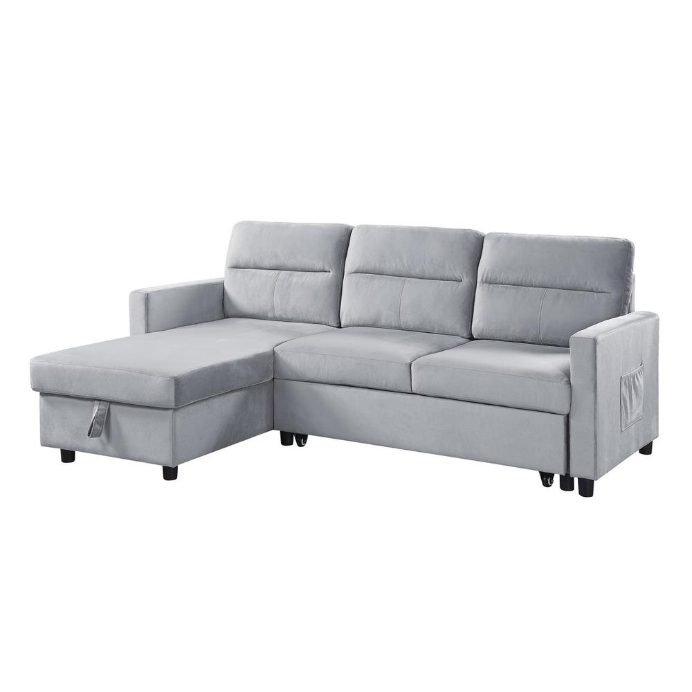 Ivy light gray velvet reversible sleeper sectional sofa by Start2Finish with storage chaise and side pocket, shown with cushions.