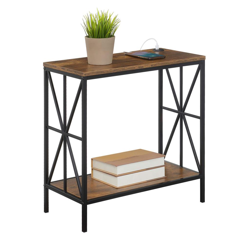 Tucson Starburst chairside end table by Start2Finish with barnwood and black finish, featuring a charging station and shelf.