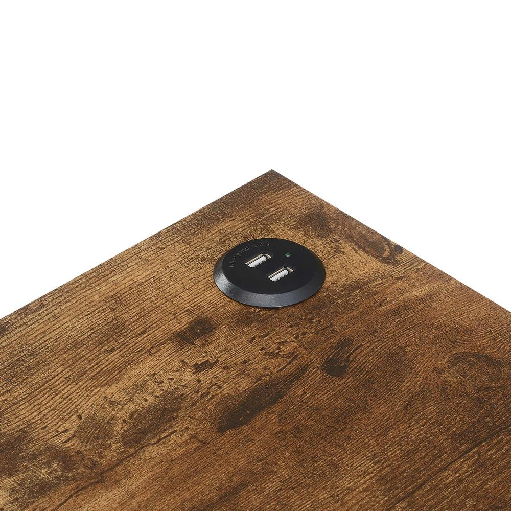 Tucson Starburst chairside end table by Start2Finish with barnwood finish, black accents, charging station, and lower shelf.