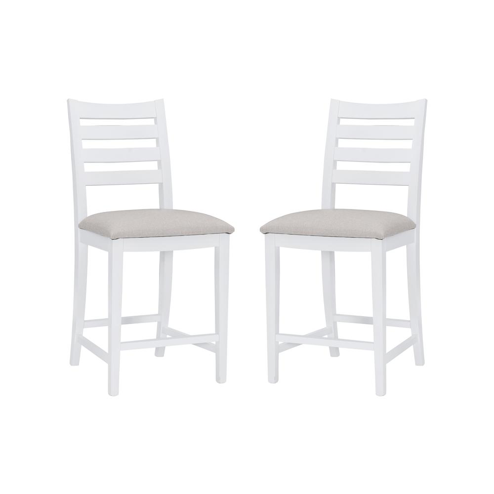 Set of two Flynn white upholstered counter stools by Start2Finish, featuring cushioned seats and sleek modern design.