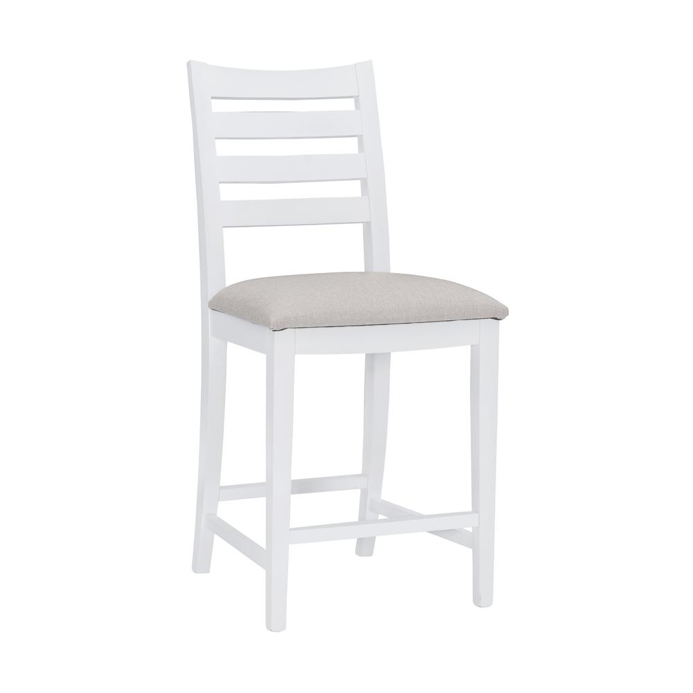 Set of two white upholstered Flynn counter stools by Start2Finish, featuring modern design and padded seats.