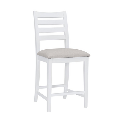 Set of two white upholstered Flynn counter stools by Start2Finish, featuring modern design and padded seats.