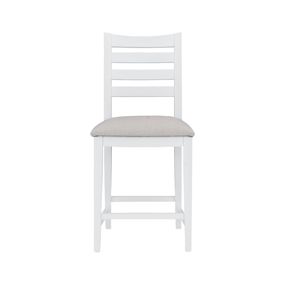 Set of two Flynn counter stools in white upholstery by Start2Finish, featuring padded seats and modern design.