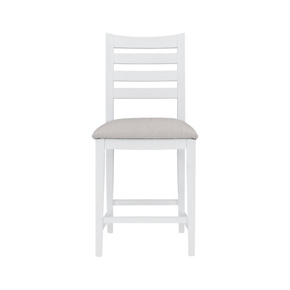 Set of two Flynn counter stools in white upholstery by Start2Finish, featuring padded seats and modern design.