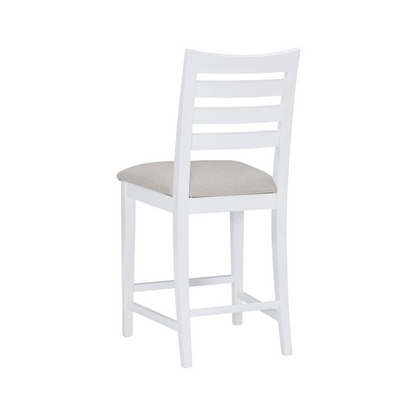 White upholstered Flynn counter stools by Start2Finish, set of 2, with sleek modern design and sturdy wooden legs.