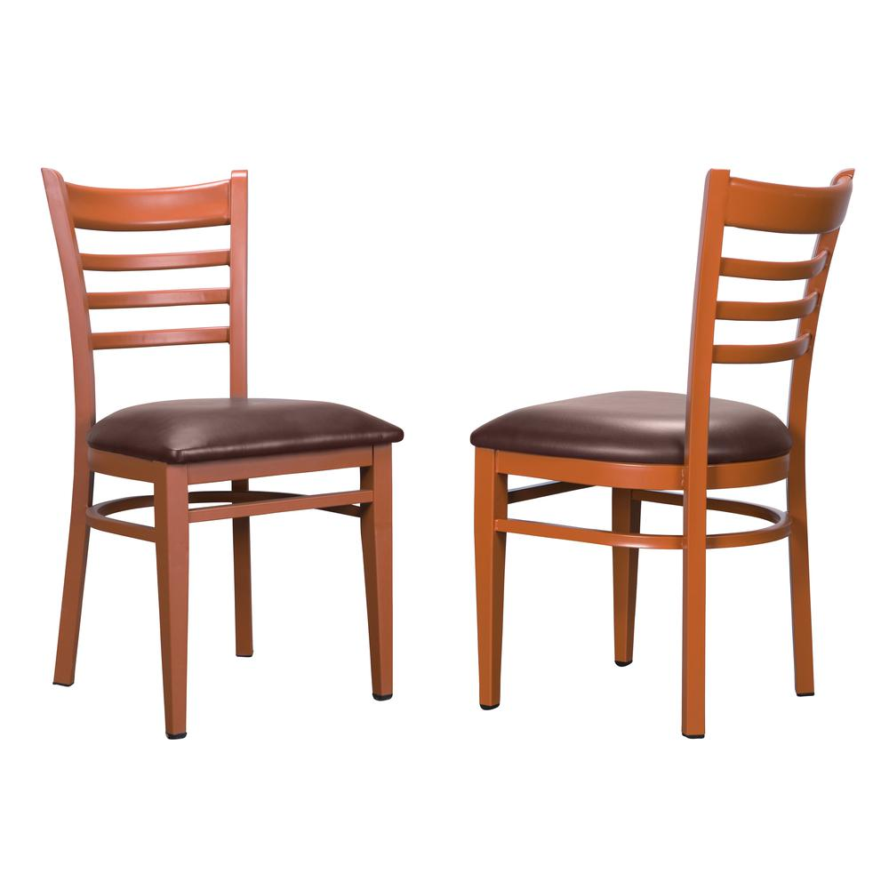 Set of two Start2Finish Baxter metal side chairs with honey and burgundy upholstered seats and metal frames.