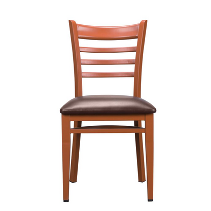 Set of two Baxter metal side chairs in honey and burgundy with a modern design, featuring metal frames and cushioned seats.