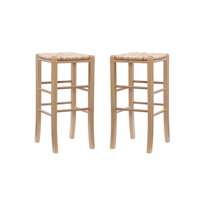 Set of two Gianna backless barstools by Start2Finish featuring natural wood finish and simple, modern design.