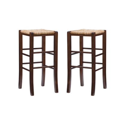 Set of two Gianna backless barstools by Start2Finish with walnut finish, showcasing sleek wooden seats and sturdy legs.