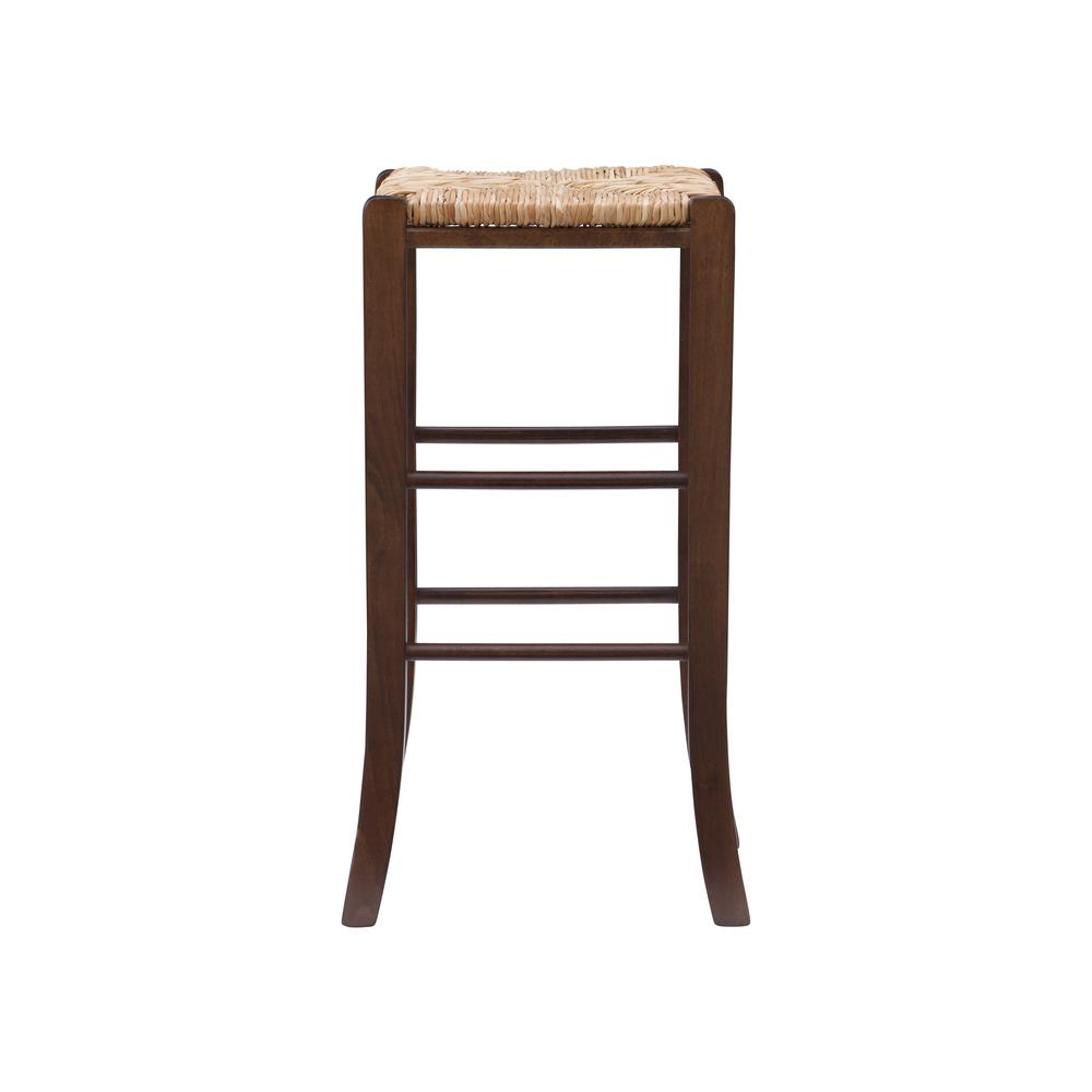 Pair of Gianna backless walnut barstools from Start2Finish, showcasing sleek wooden seats and sturdy metal legs.