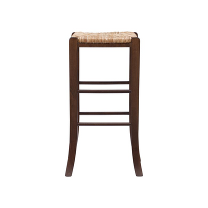 Pair of Gianna backless walnut barstools from Start2Finish, showcasing sleek wooden seats and sturdy metal legs.