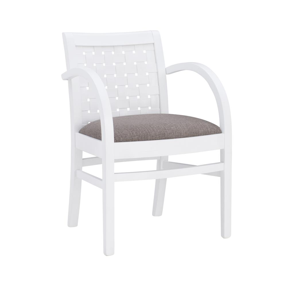 White Samantha woven arm chair by Start2Finish with a cozy, modern design and woven fabric upholstery.