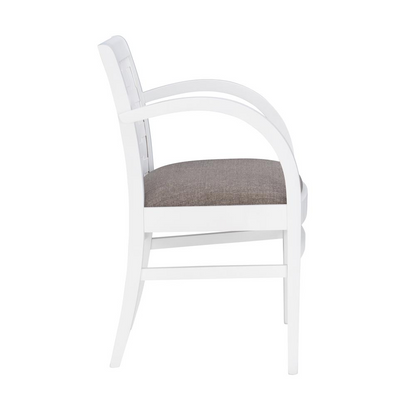 White Samantha Woven Arm Chair by Start2Finish with a cushioned seat and armrests, showcasing a stylish woven design.