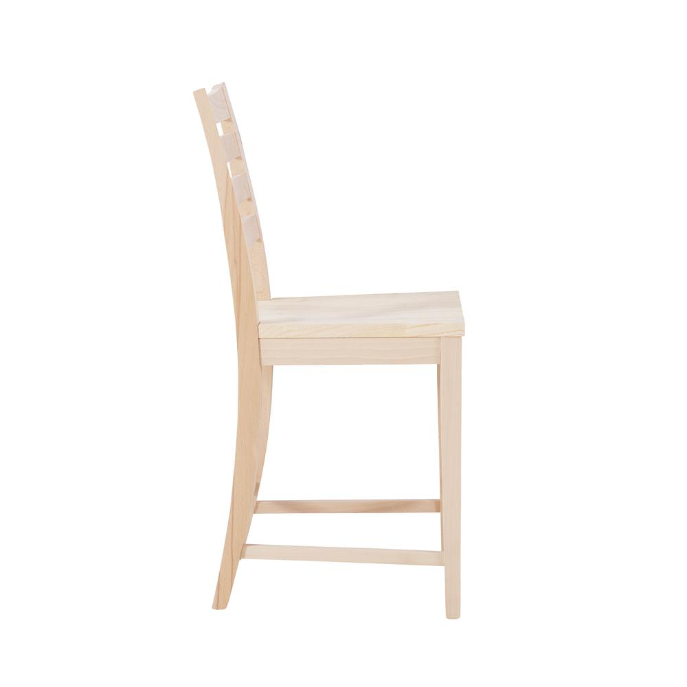 Set of two unfinished Flynn counter stools by Start2Finish, showcasing light wooden seats and dark metal legs.