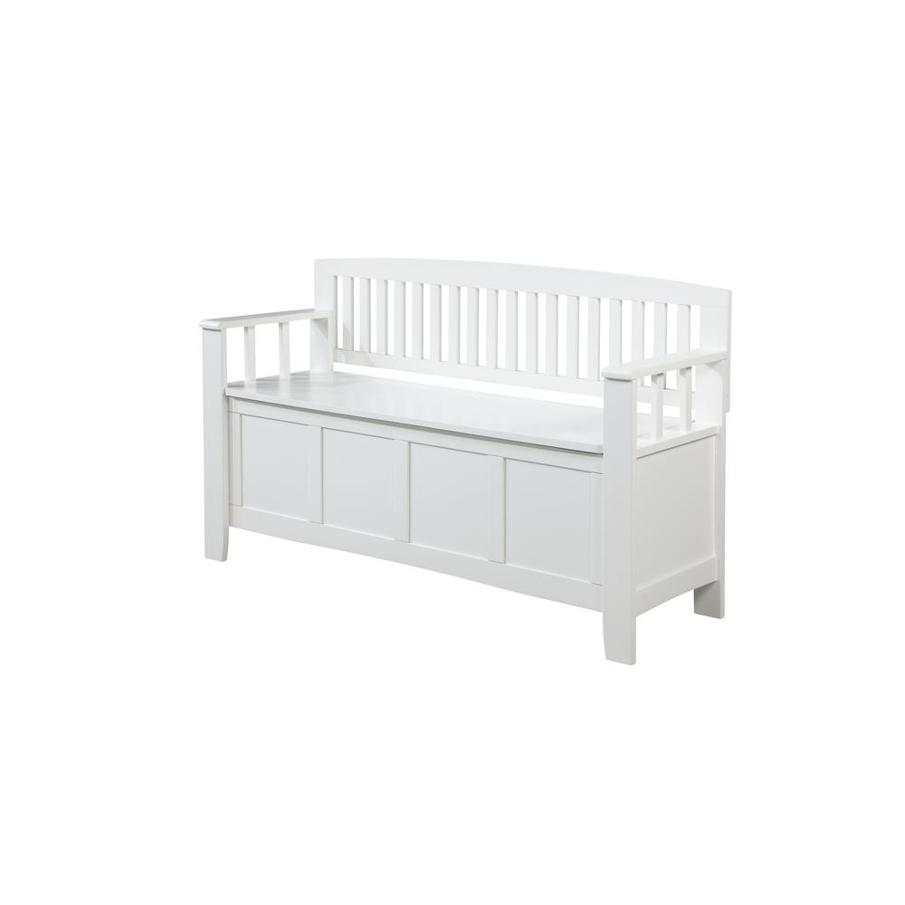 White Cynthia Storage Bench by Start2Finish, showing a modern wooden bench with a cushioned top and ample interior storage space.