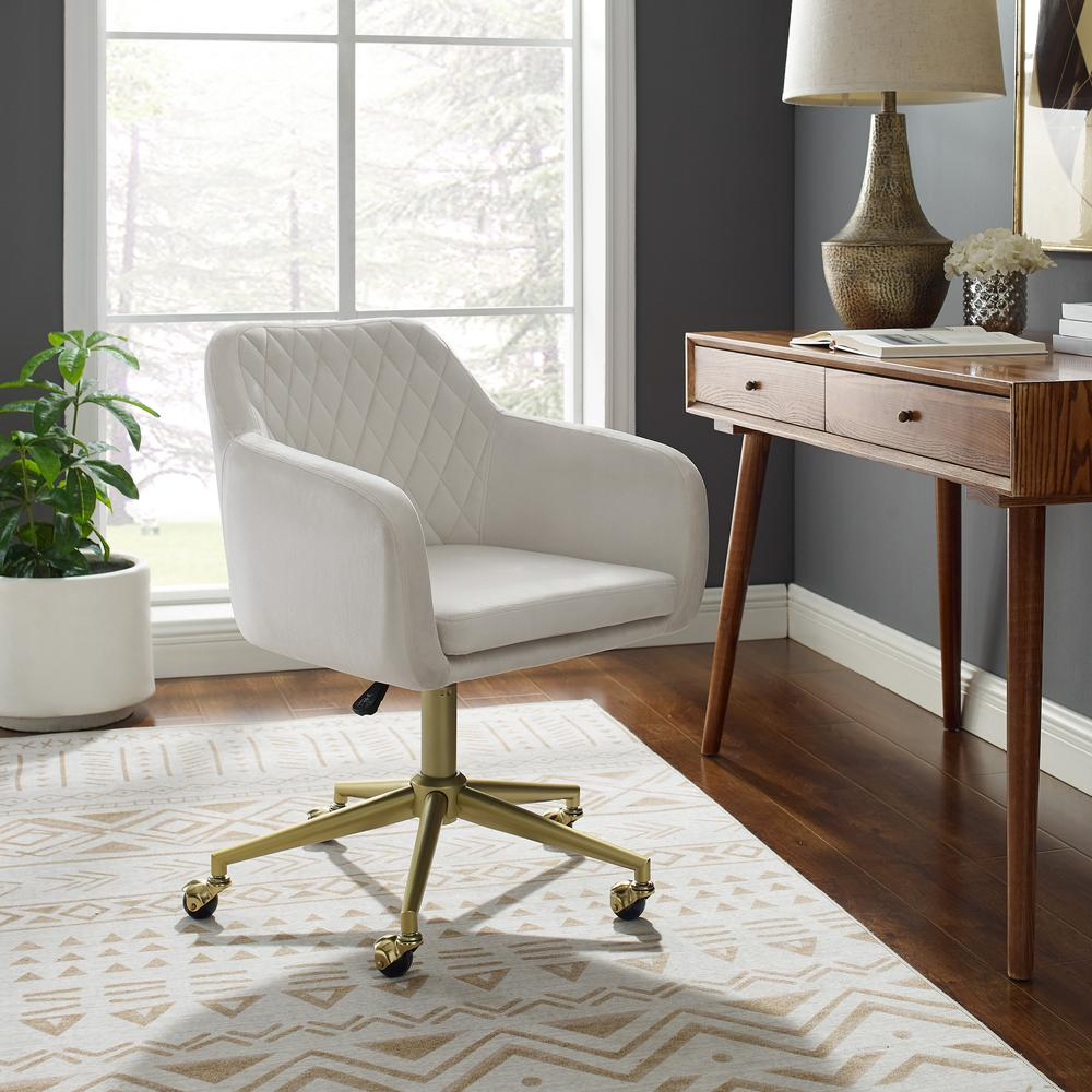 Imogen quilted office chair in off-white with padded seat and backrest, metal base, and adjustable height for comfortable seating.