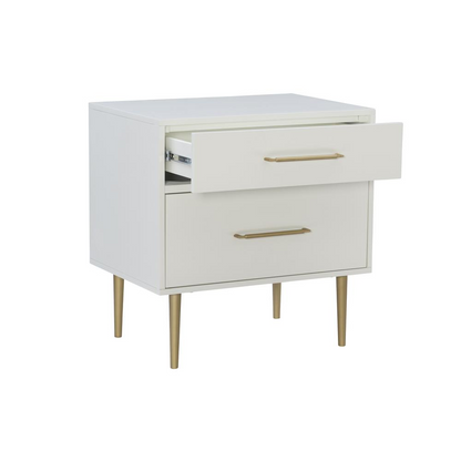 Start2Finish Gloria two drawer nightstand with wood finish and sleek modern design, featuring silver handles and sturdy construction.