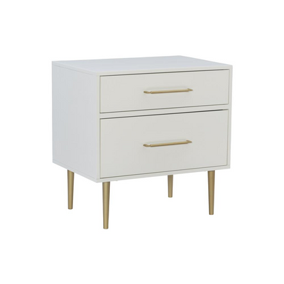 Start2Finish Gloria two-drawer nightstand with wooden finish and sleek metal handles, shown with bedside decor on top.