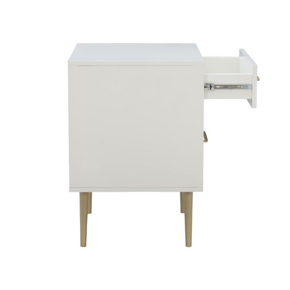 Start2Finish Gloria Two Drawer Nightstand with sleek wood finish and modern handles, shown in a well-lit bedroom setting.