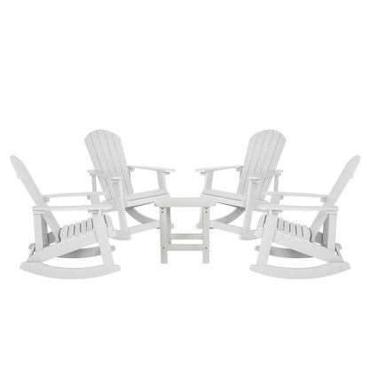 Set of 4 white Adirondack rocking chairs with side tables by Start2Finish, outdoor patio furniture for relaxing spaces