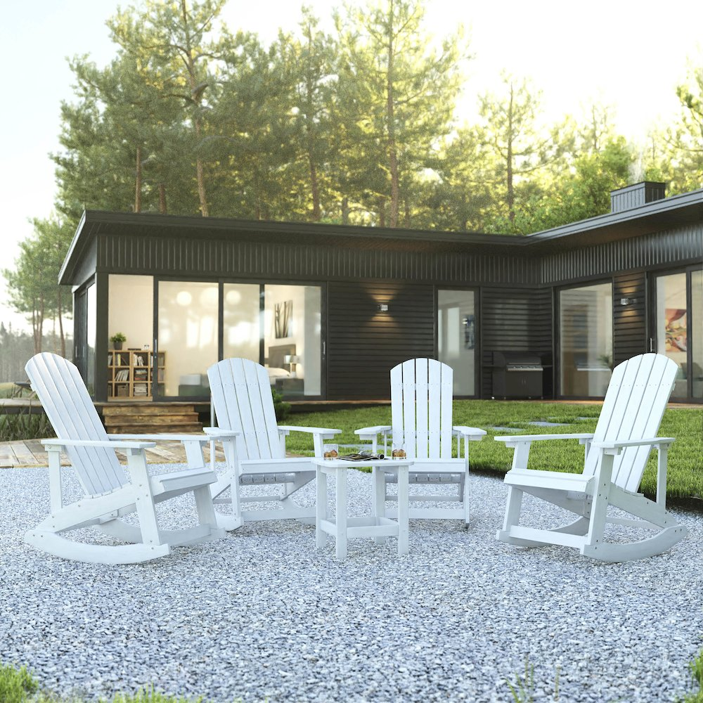Set of 4 white Adirondack rocking chairs with side tables, perfect for outdoor relaxation by Start2Finish.