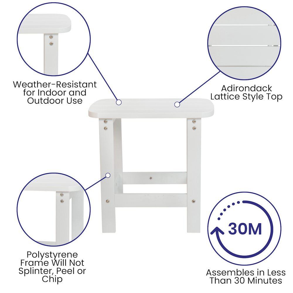 Set of 4 white Adirondack rocking chairs with matching side tables by Start2Finish, outdoor patio furniture for relaxing outdoors.