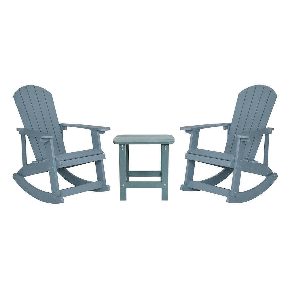 Set of 2 sea foam Adirondack rocking chairs with matching side table by Start2Finish, outdoor patio furniture, close-up view