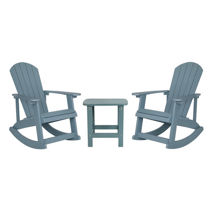 Set of 2 sea foam Adirondack rocking chairs with matching side table by Start2Finish, outdoor patio furniture, close-up view