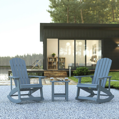 Set of 2 Sea Foam Adirondack rocking chairs with matching side table by Start2Finish, outdoor patio furniture, comfortable and stylish.