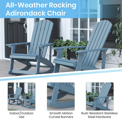 Set of 2 Sea Foam Adirondack rocking chairs with matching side table by Start2Finish, outdoor patio furniture, comfortable seating.