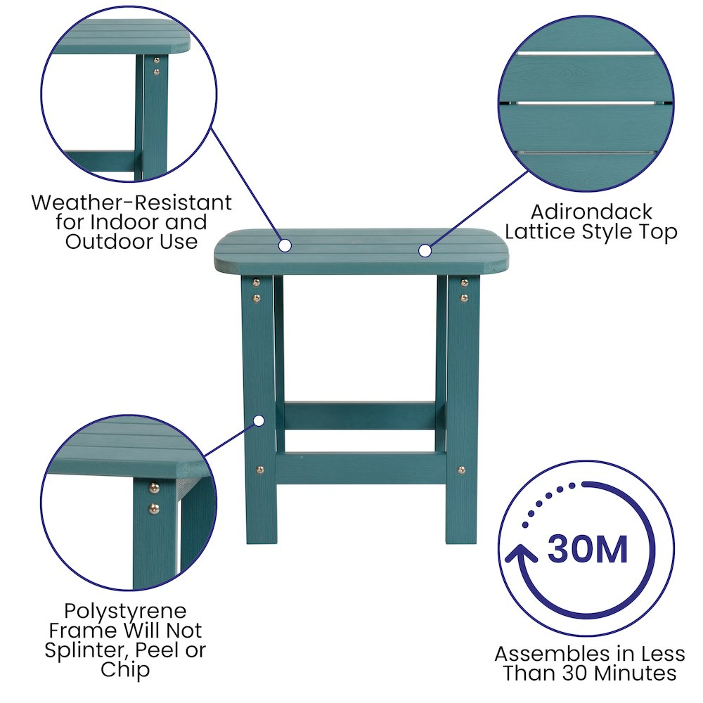 Set of 2 Start2Finish Adirondack rocking chairs with matching side table in sea foam, featuring wide armrests and a comfortable design.