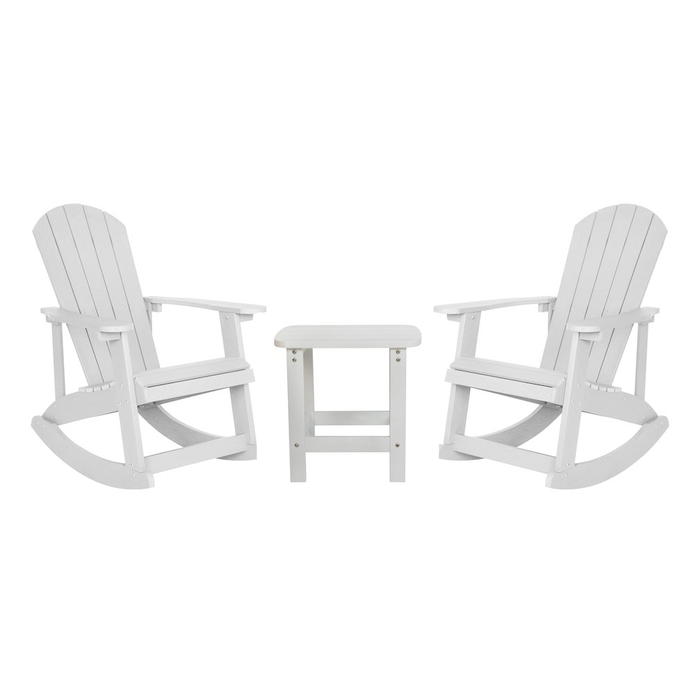 Set of 2 white Adirondack rocking chairs with side table, made by Start2Finish, outdoor patio furniture for relaxing outdoors.