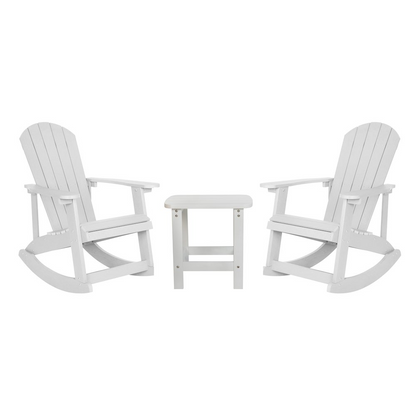 Set of 2 white Adirondack rocking chairs with side table, made by Start2Finish, outdoor patio furniture for relaxing outdoors.