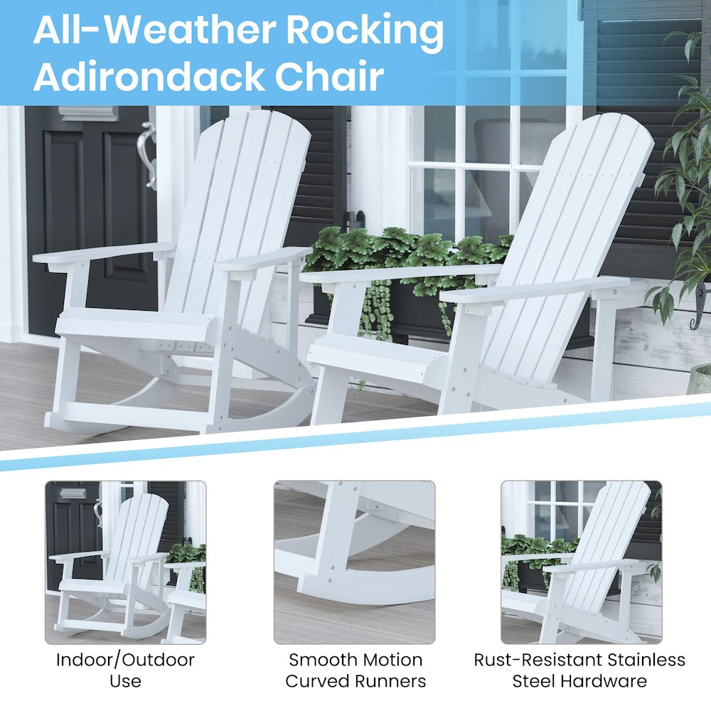 Set of 2 white Adirondack rocking chairs with attached side tables, outdoor patio furniture by Start2Finish.