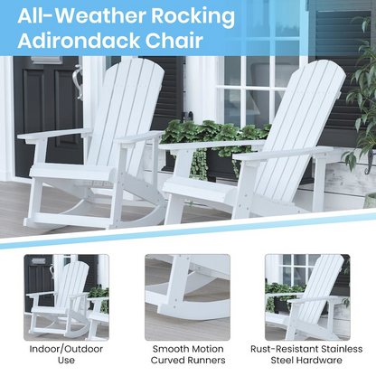 Set of 2 white Adirondack rocking chairs with attached side tables, outdoor patio furniture by Start2Finish.
